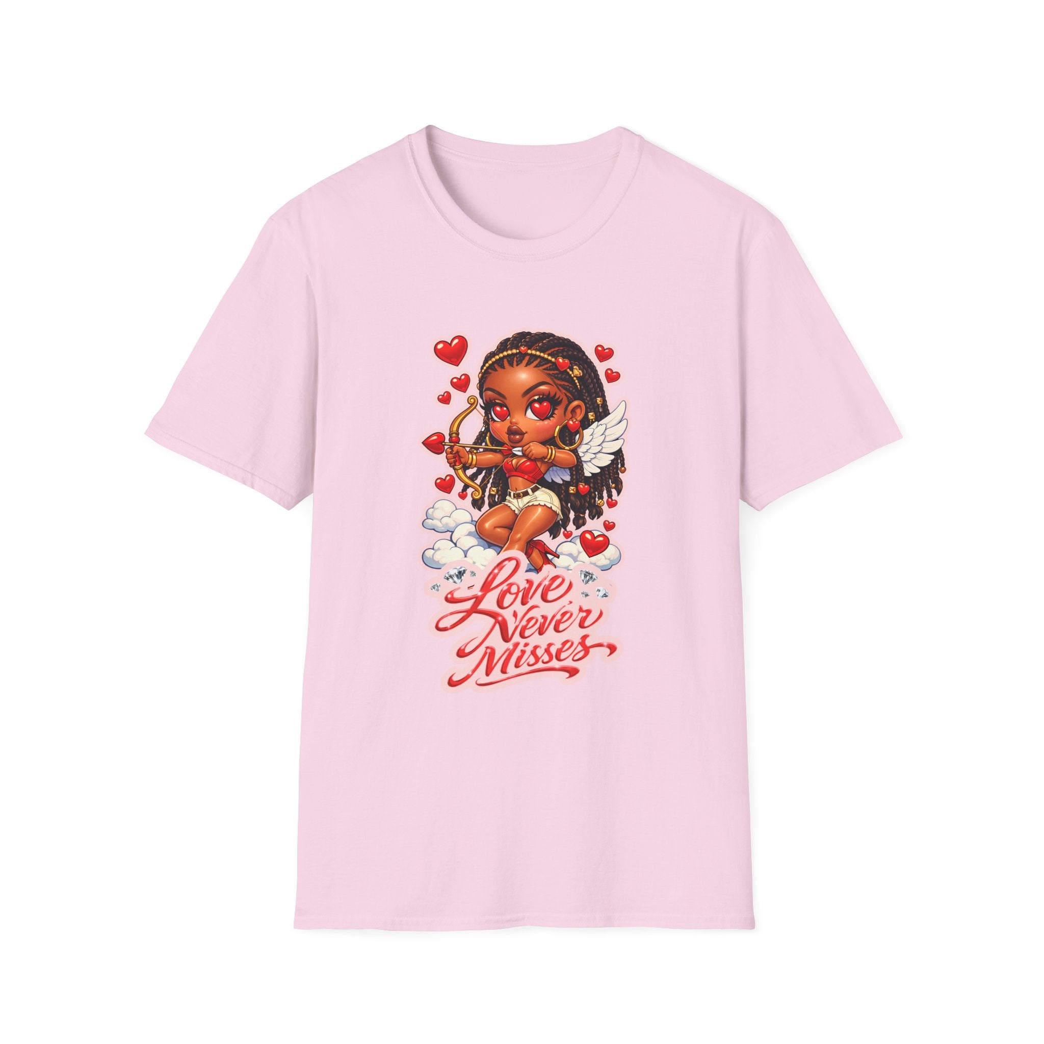 Love Never Misses Graphic T-Shirt – Cute Cupid Valentine Tee for Women