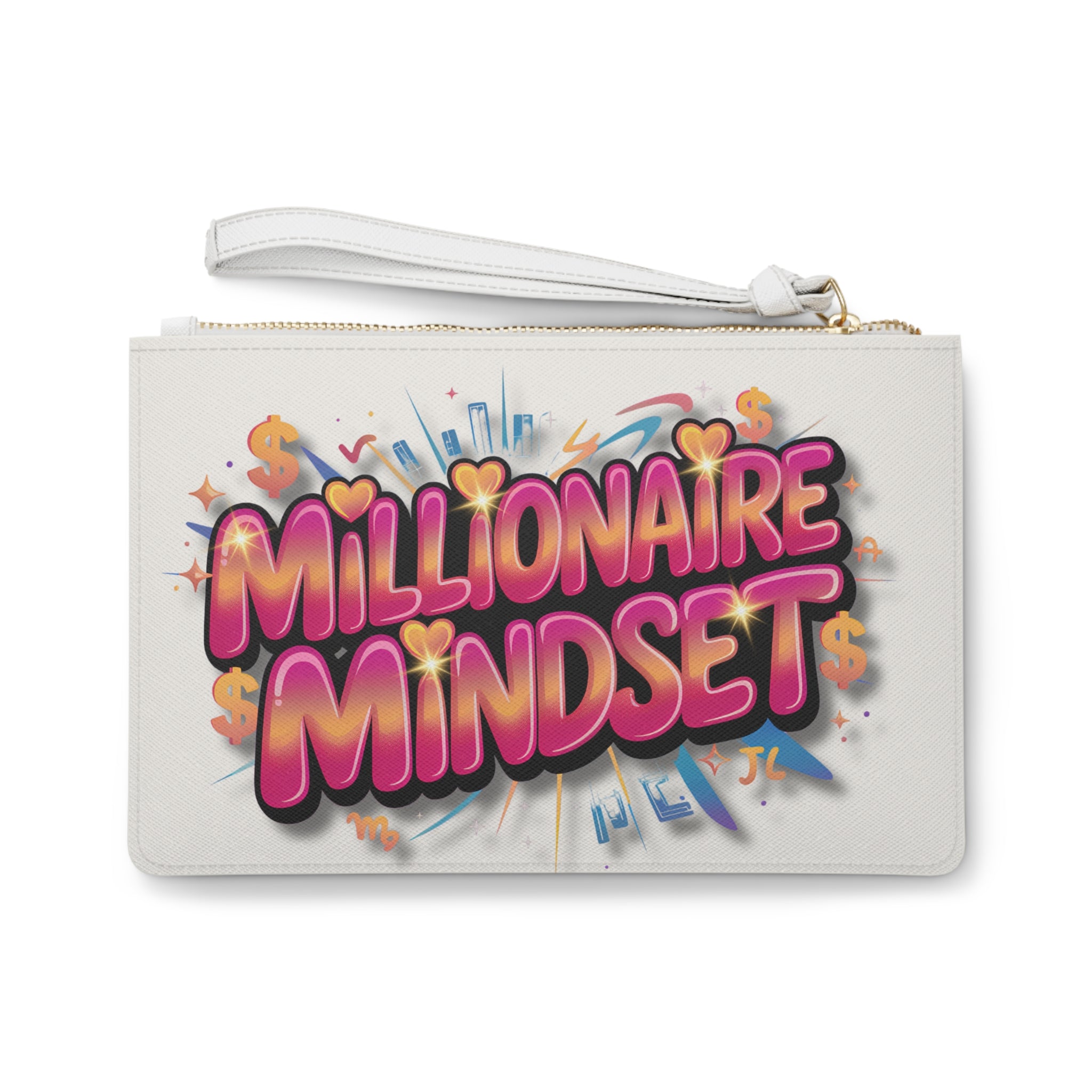 Pouch with 'Millionaire Mindset' text and colorful design on a white background