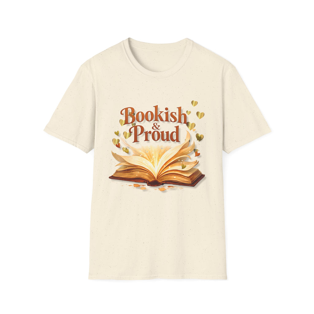 Beige t-shirt with 'Bookish & Proud' graphic and open book design on a white background