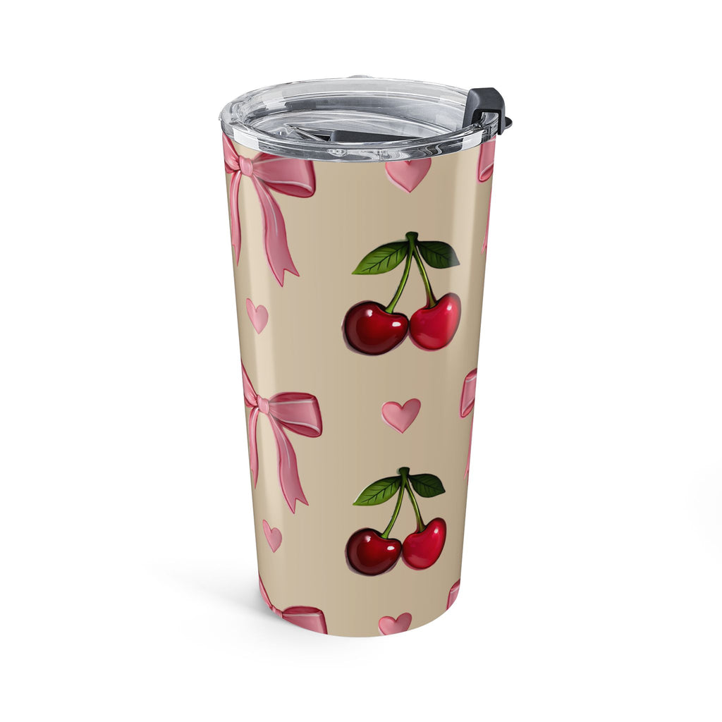 20oz Cherry & Pink Bow Insulated Tumbler — Cute Heart Pattern Travel Cup