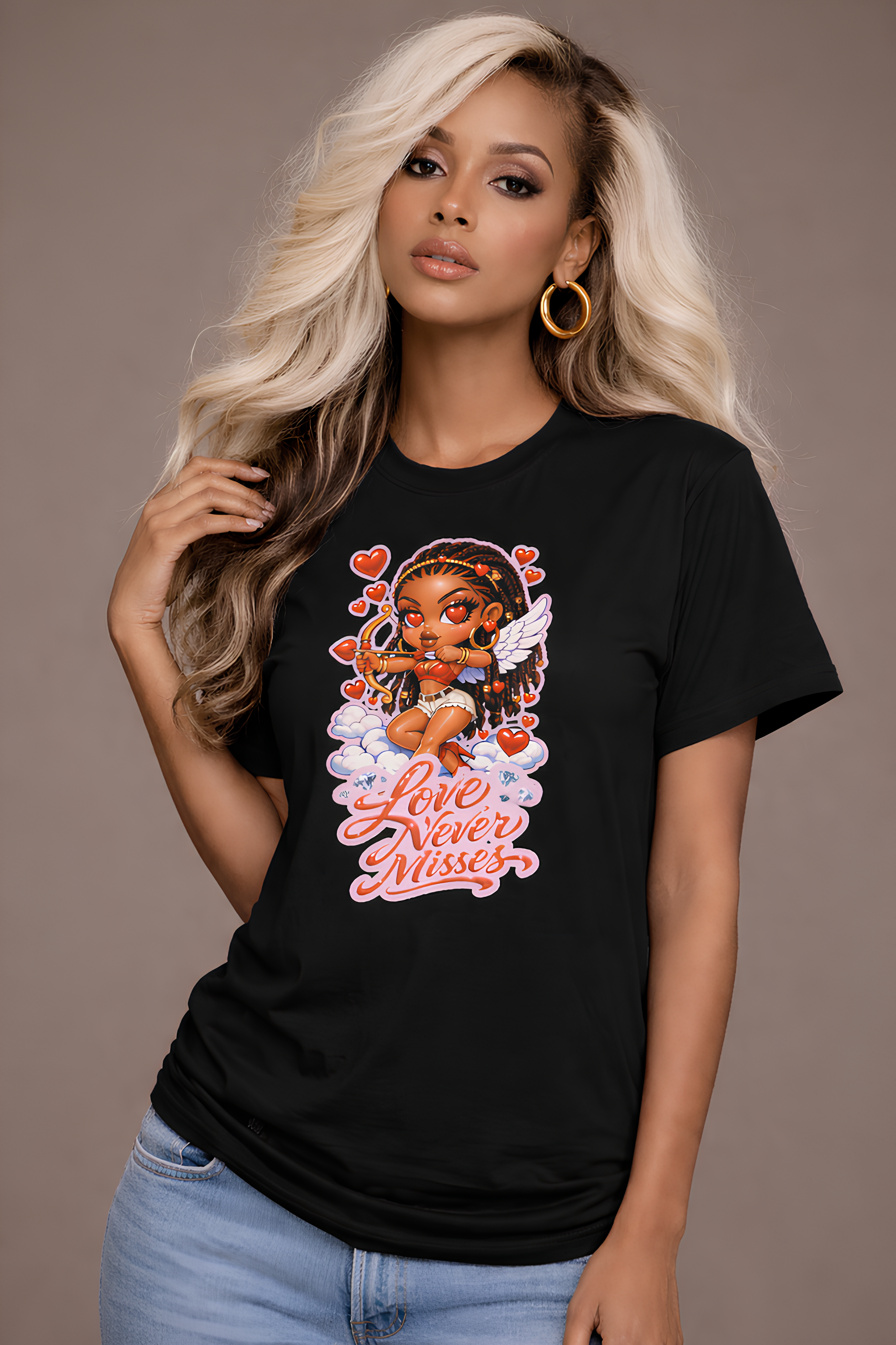 Love Never Misses Graphic T-Shirt – Cute Cupid Valentine Tee for Women