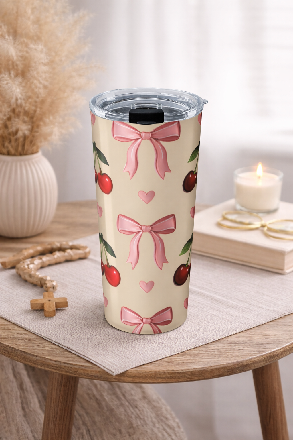 20oz Cherry & Pink Bow Insulated Tumbler — Cute Heart Pattern Travel Cup
